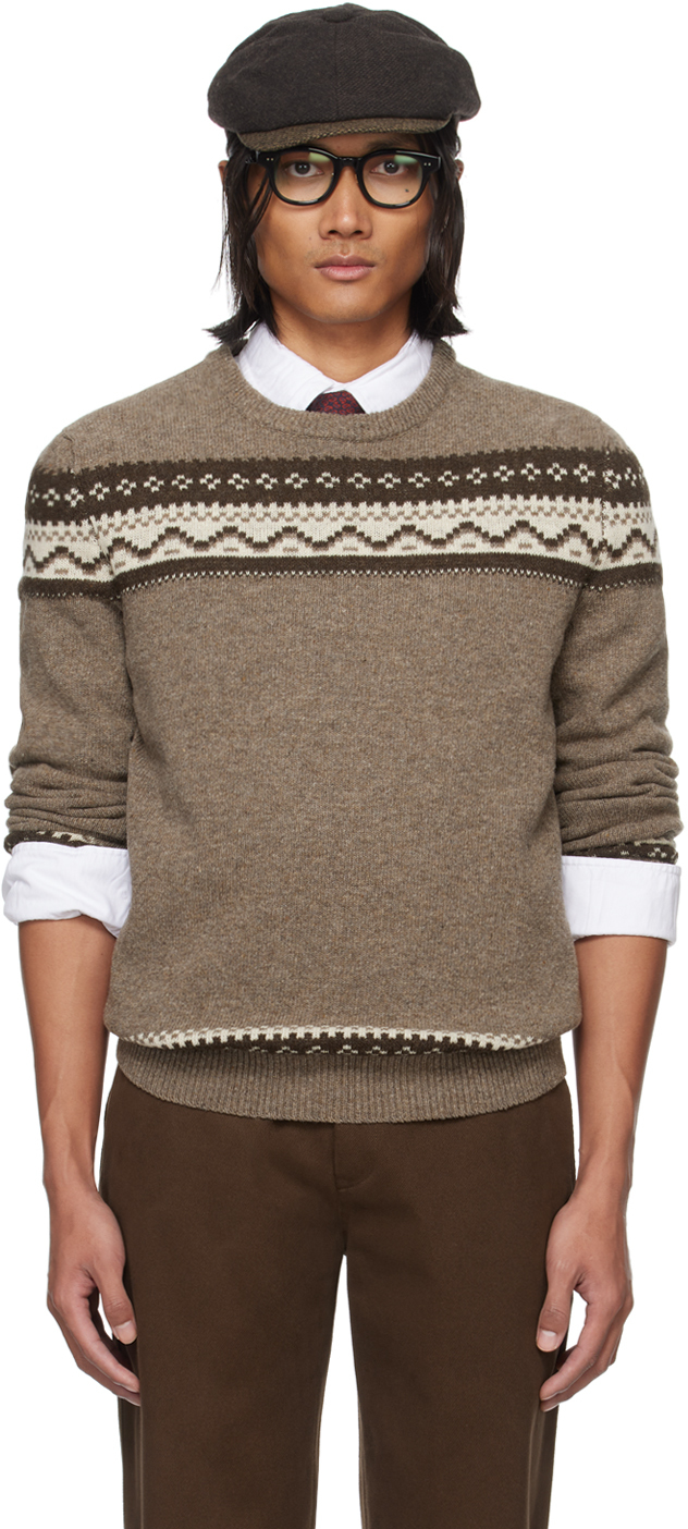 De Bonne Facture Brown Jacquard Sweater In Undyed Folk Jacquard