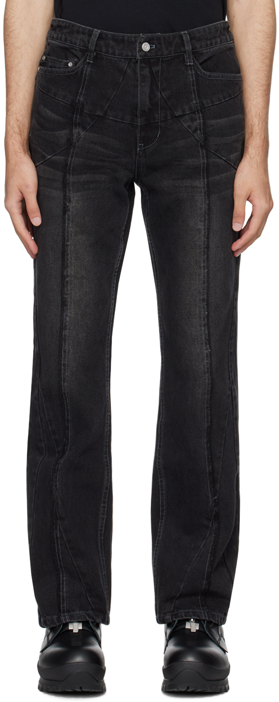C2h4 Black Stagger Streamline Arch Jeans In Faded Black