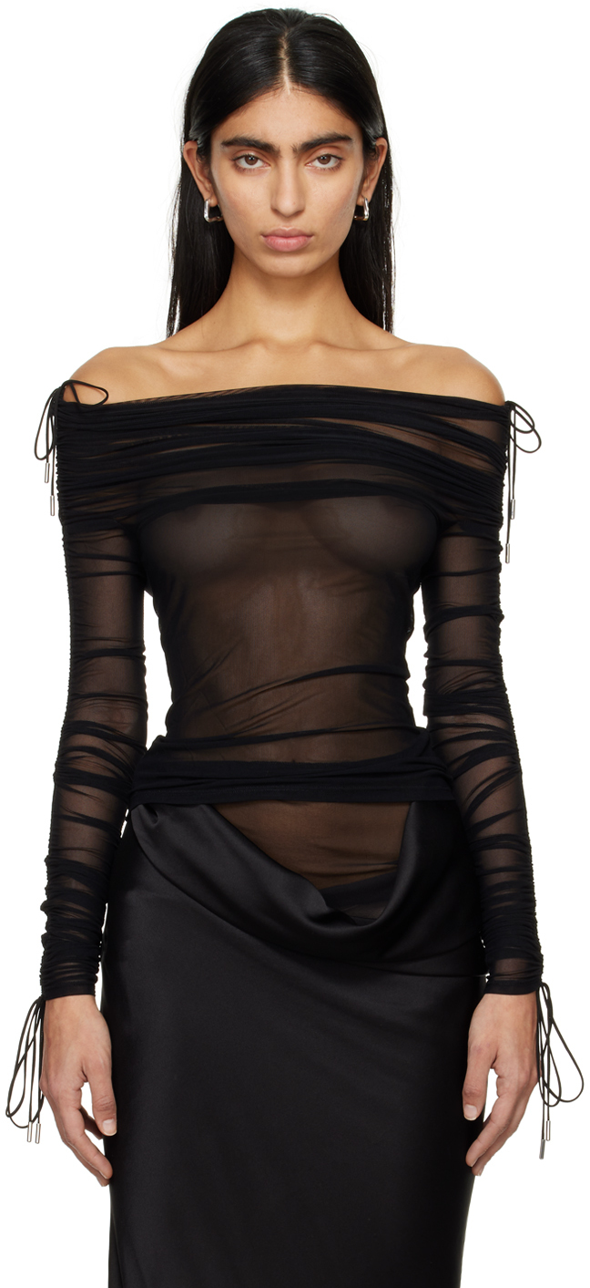 Atlein Black Ruched Long Sleeve T-shirt In C0114 Black