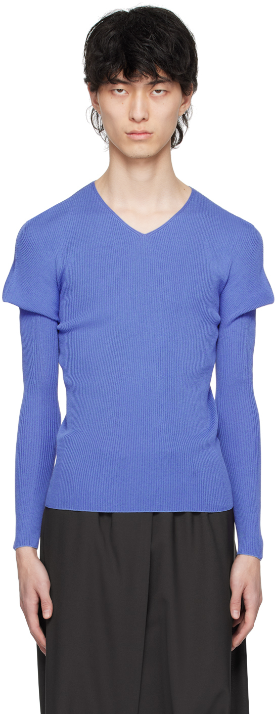 Shop 132 5. Issey Miyake Blue V-neck Sweater In 72-blue