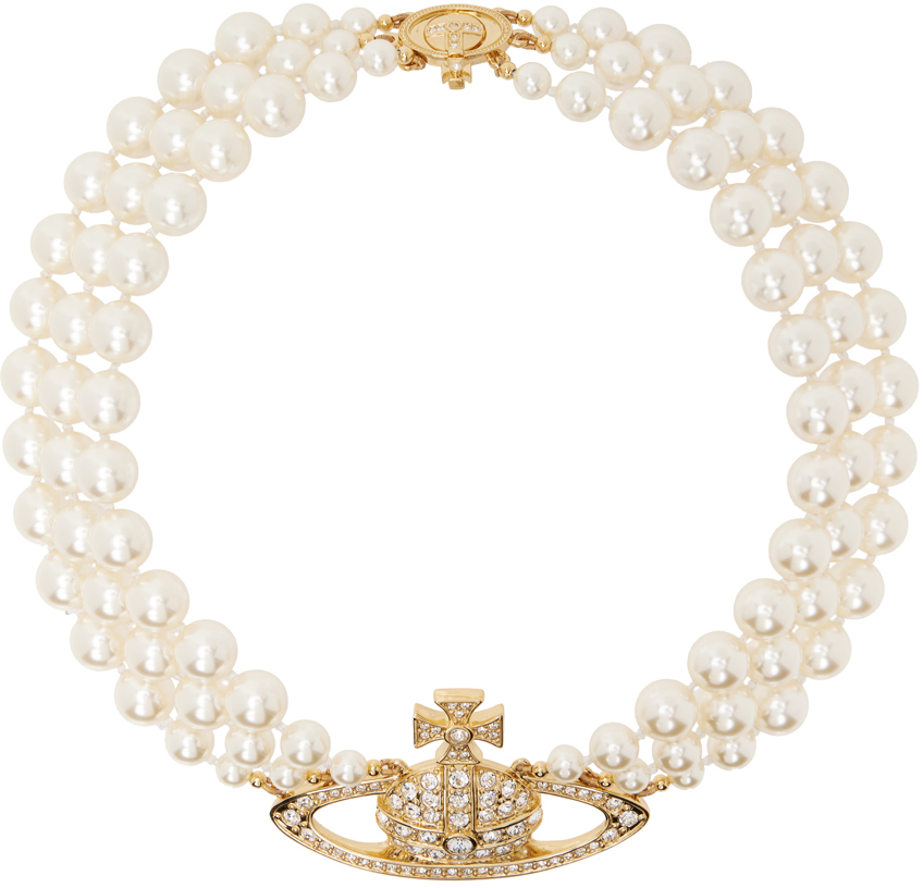 Vivienne Westwood White Three Row Pearl Bas Relief Necklace In R117 Gold/pearl/crys