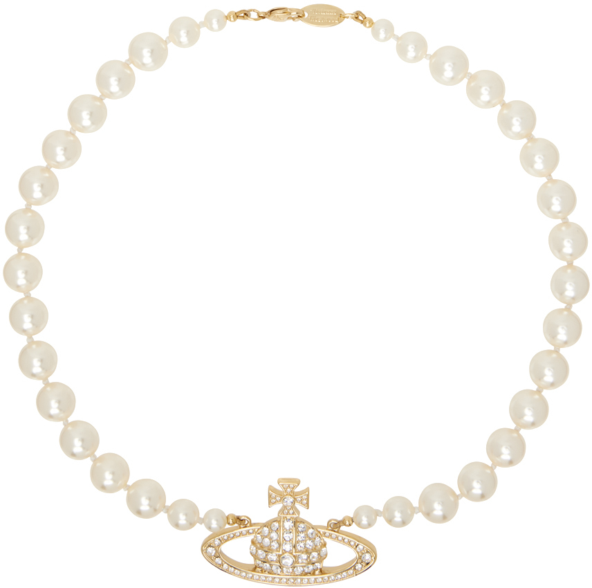 White & Gold One Row Pearl Bas Relief Choker