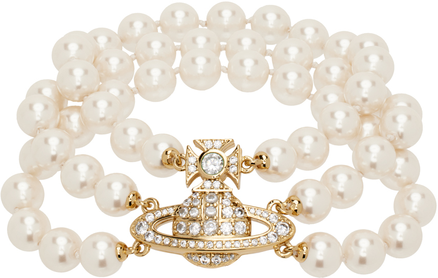 Vivienne Westwood White Graziella Three Row Pearl Bracelet In R143 Gold/creamrose