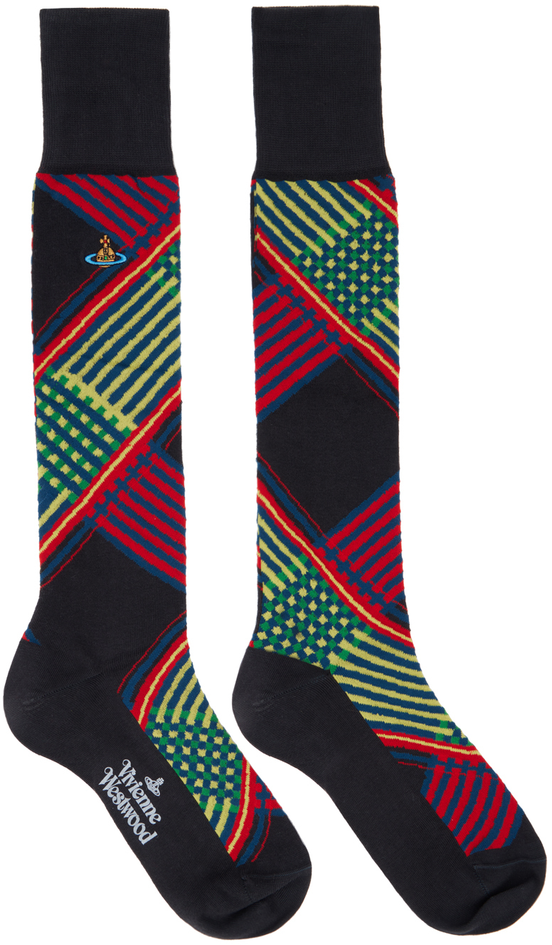 Shop Vivienne Westwood Black Combat Tartan High Socks In N401 Black
