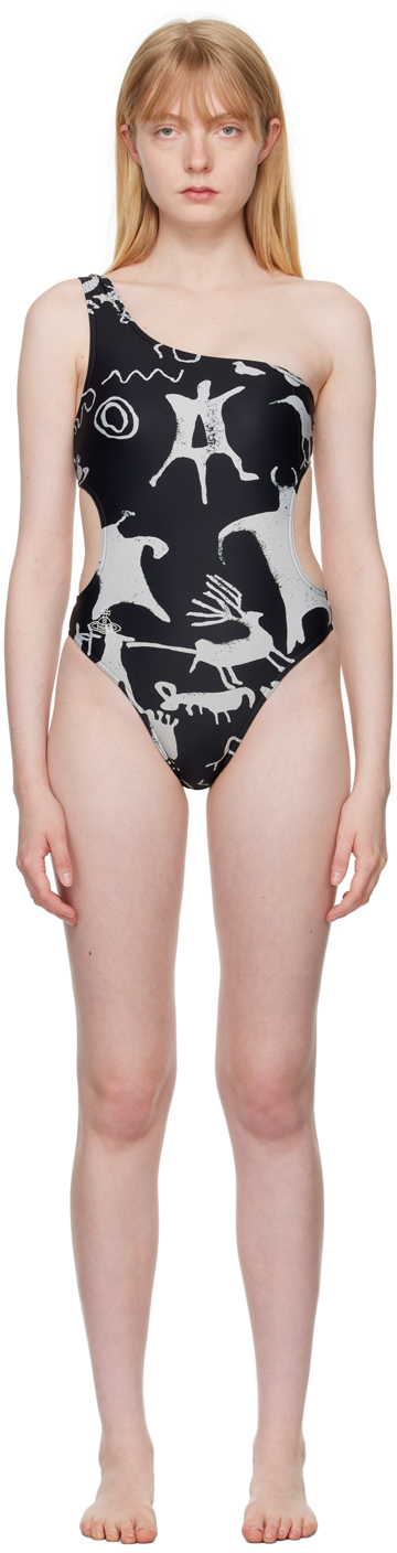 Black Graphic Cave Man One-Piece Swimsuit by Vivienne