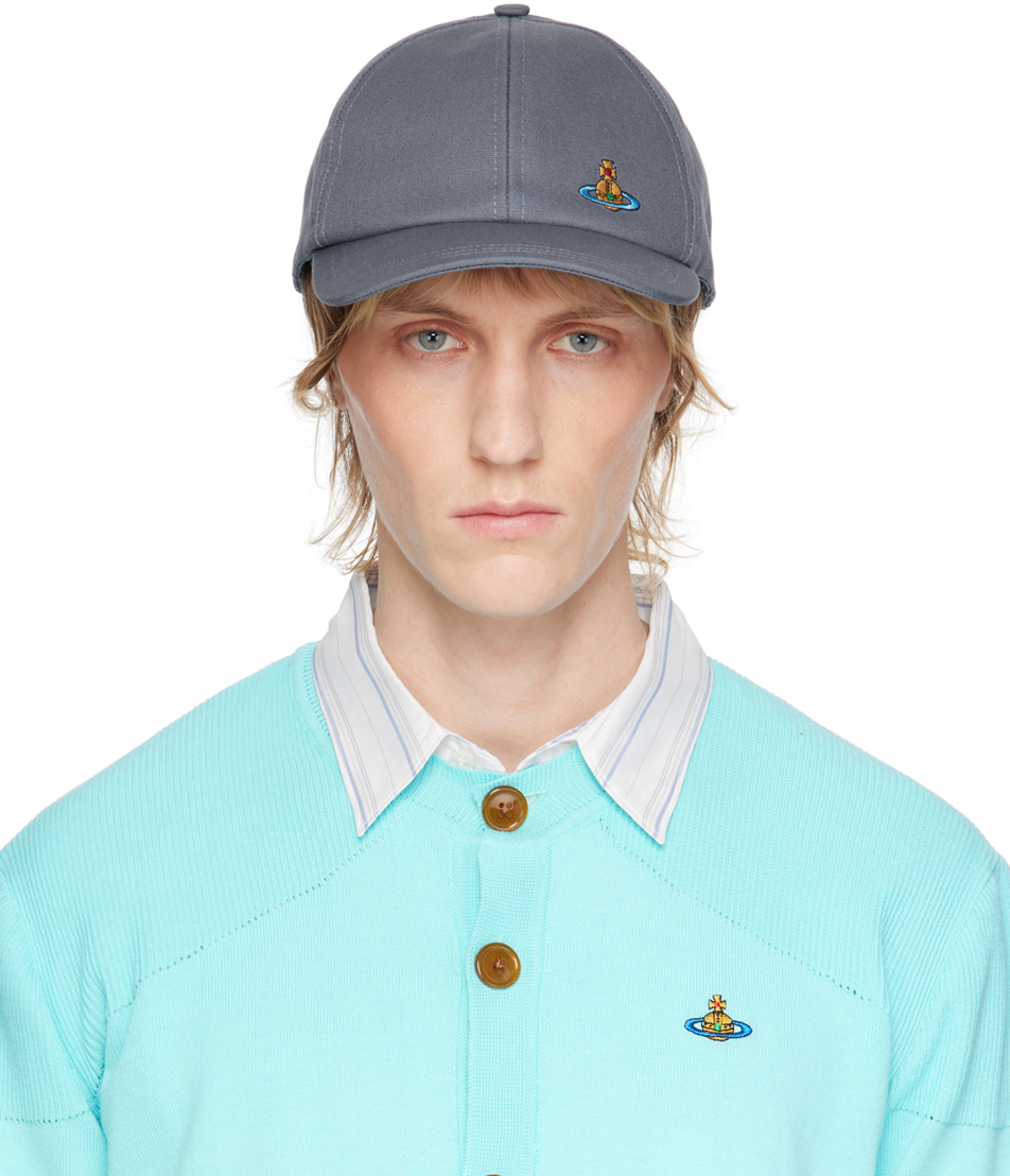 Shop Vivienne Westwood Navy Embroidered Cap In Denim Blue