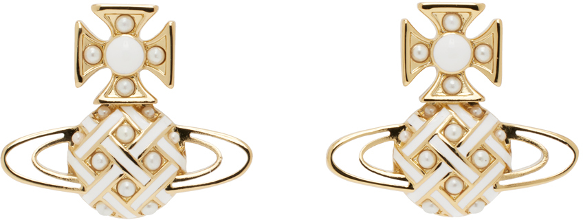 Shop Vivienne Westwood Gold & White Cassie Bas Relief Earrings