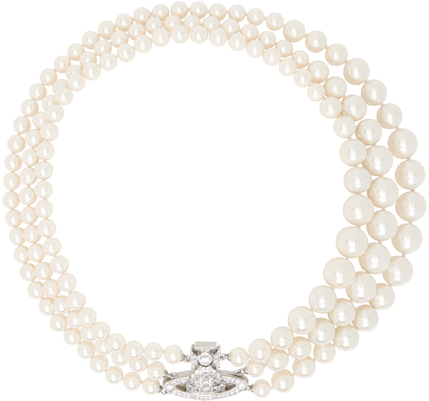 Shop Vivienne Westwood White Graziella Three Row Pearl Necklace In Platinum