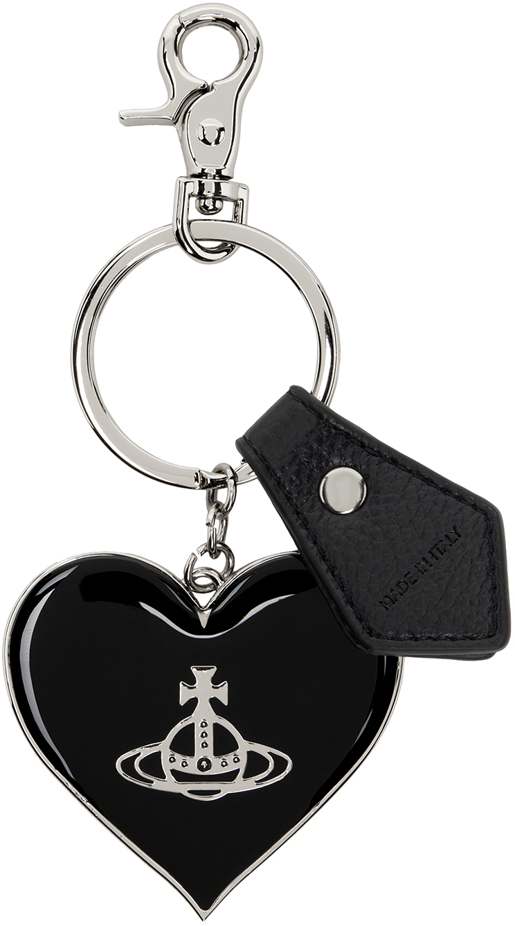 Vivienne Westwood Black & Silver Mirror Heart Orb Keychain In Metallic