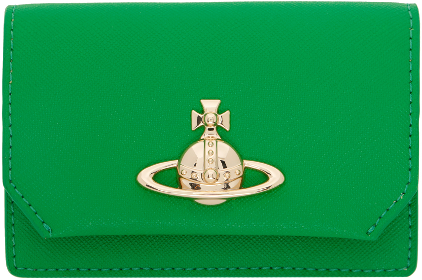 Vivienne Westwood Green Saffiano Business Card Holder In Bright Green