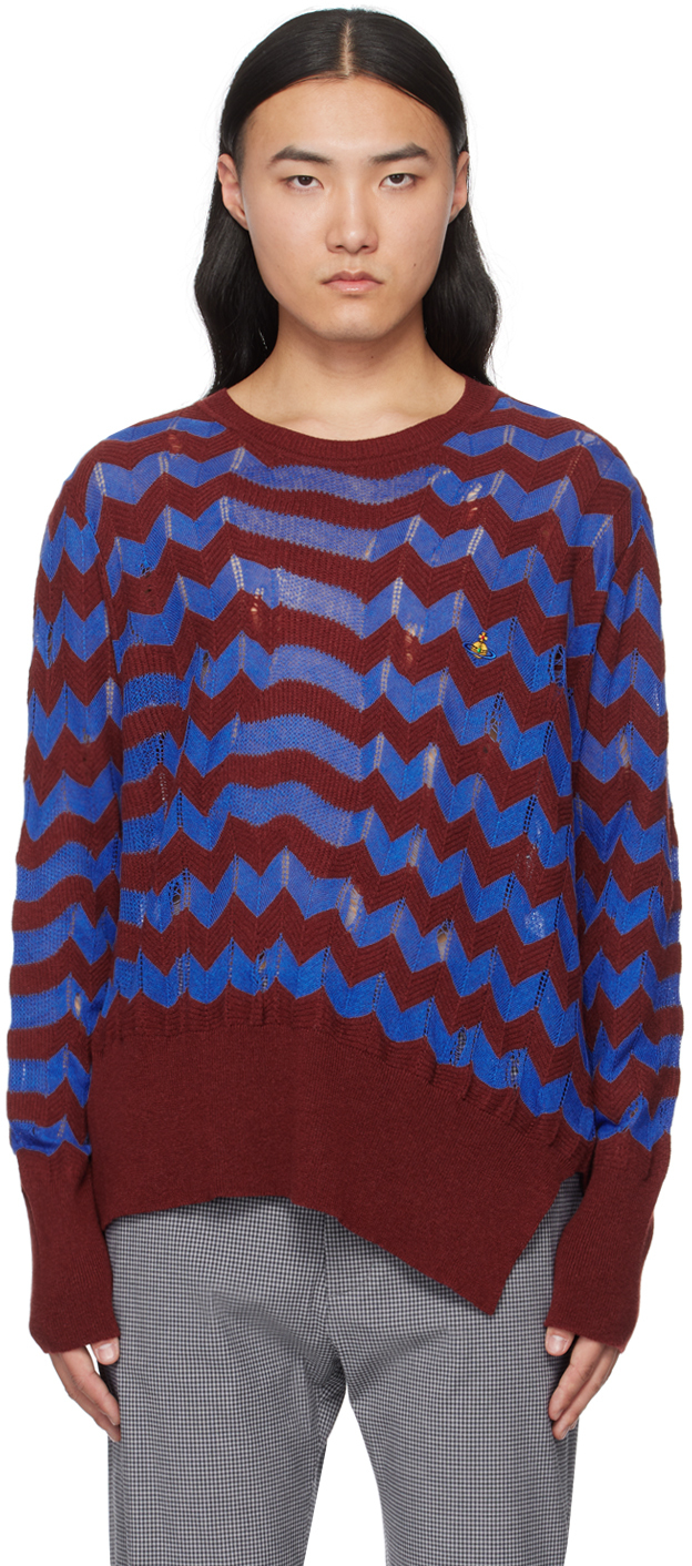 Vivienne Westwood Burgundy & Blue Drunken Chevron Sweater In Ss24-o102