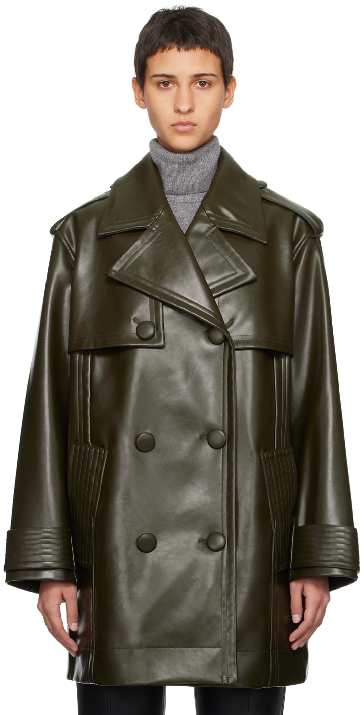 Khaki Flora Faux-Leather Trench Coat