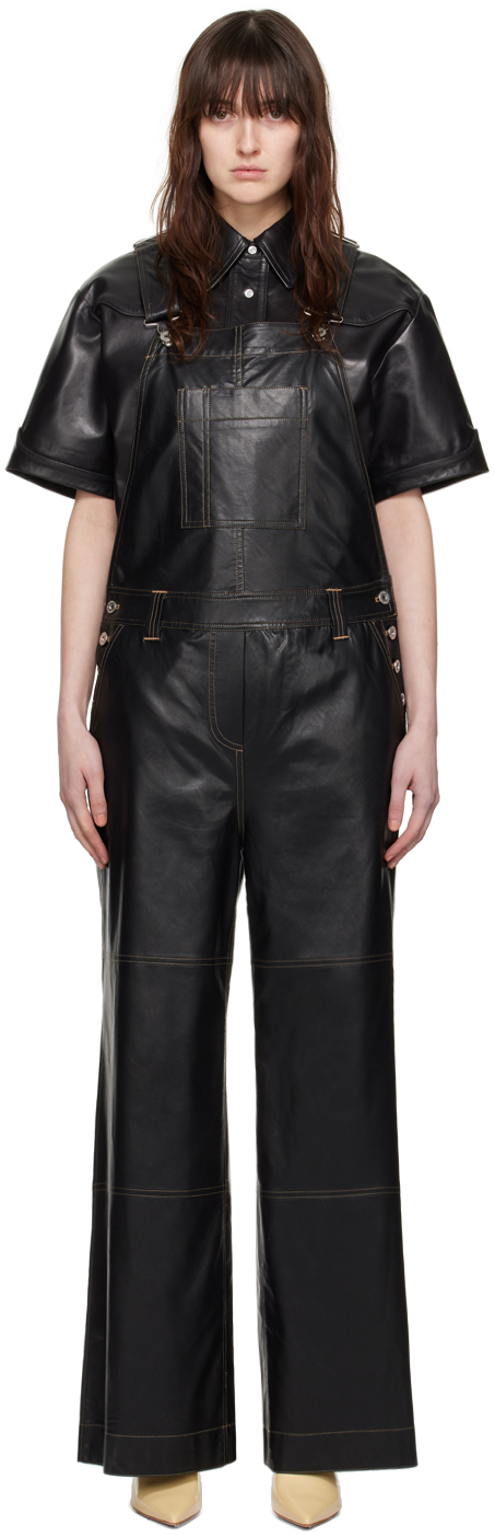 Black Vanna Faux-Leather Overalls