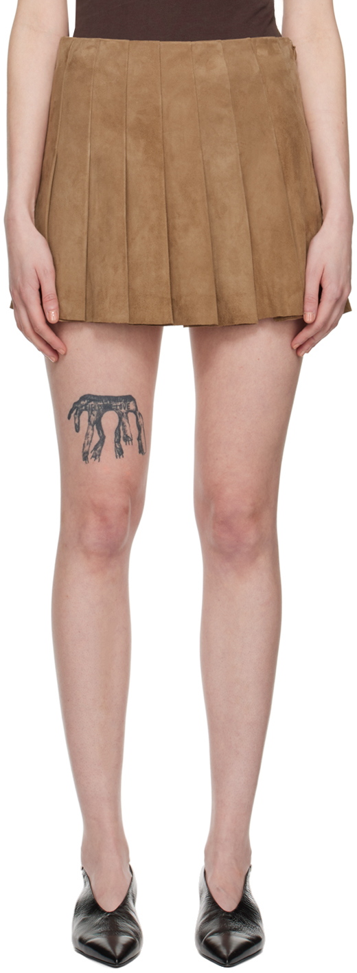 Tan Pleated Suede Miniskirt