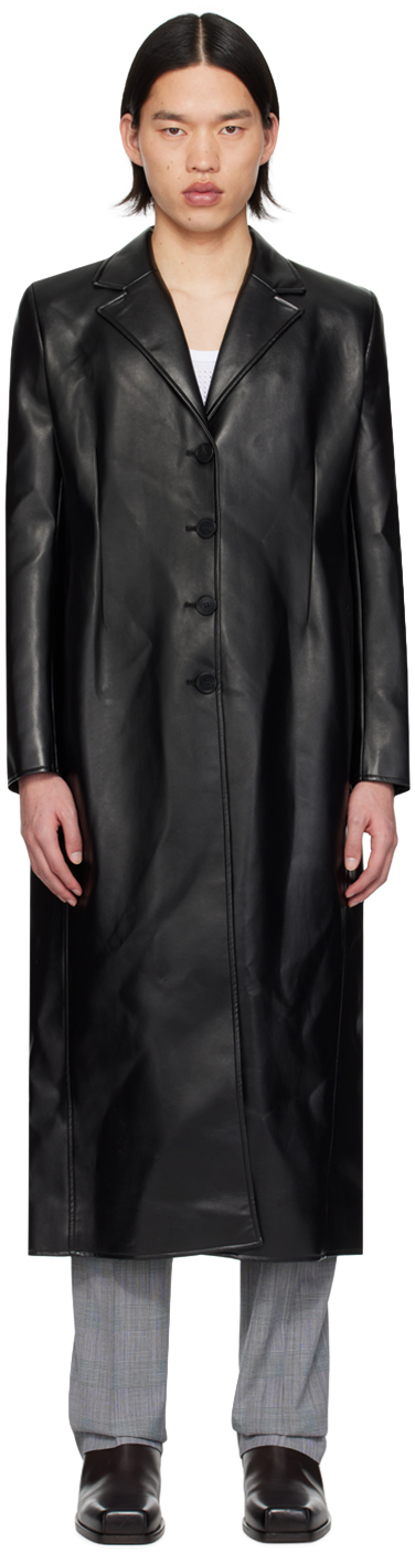 Black Button Faux-Leather Coat