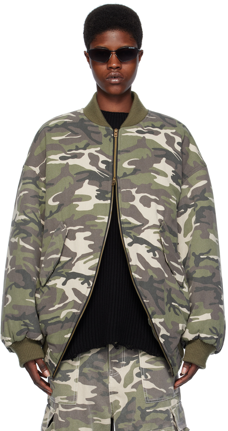 We11 Done Green Camouflage Bomber Jacket In Beige
