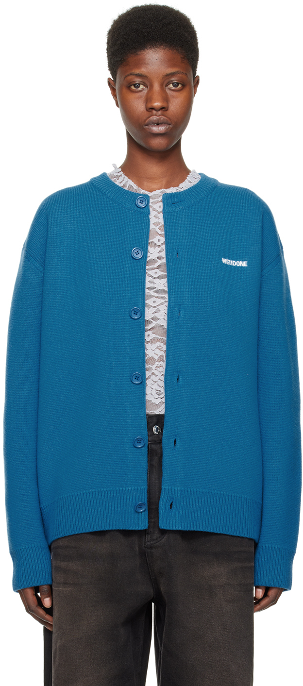 We11done Blue Embroidered Cardigan SSENSE