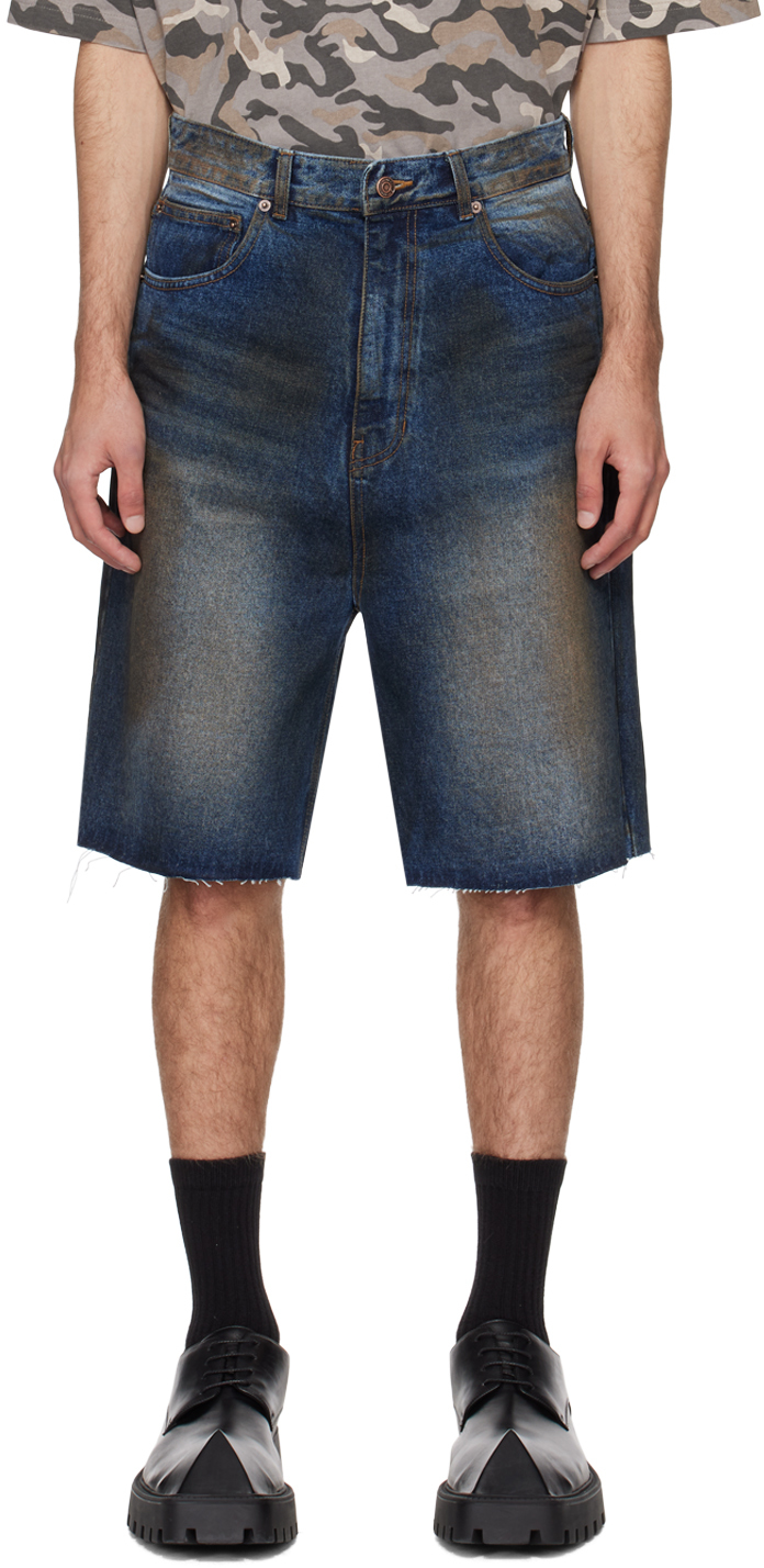 We11 Done Navy Faded Denim Shorts