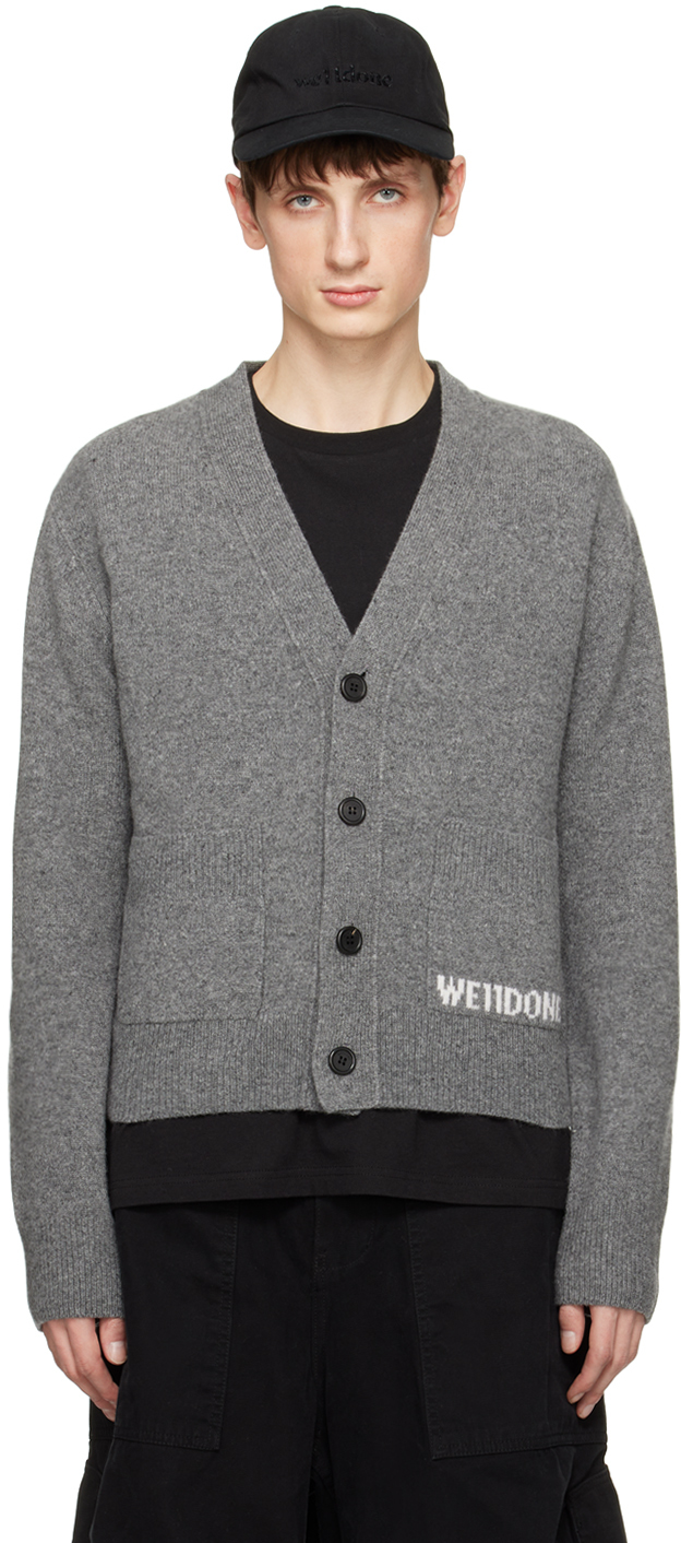 We11done logo-patch wool cardigan - Grey