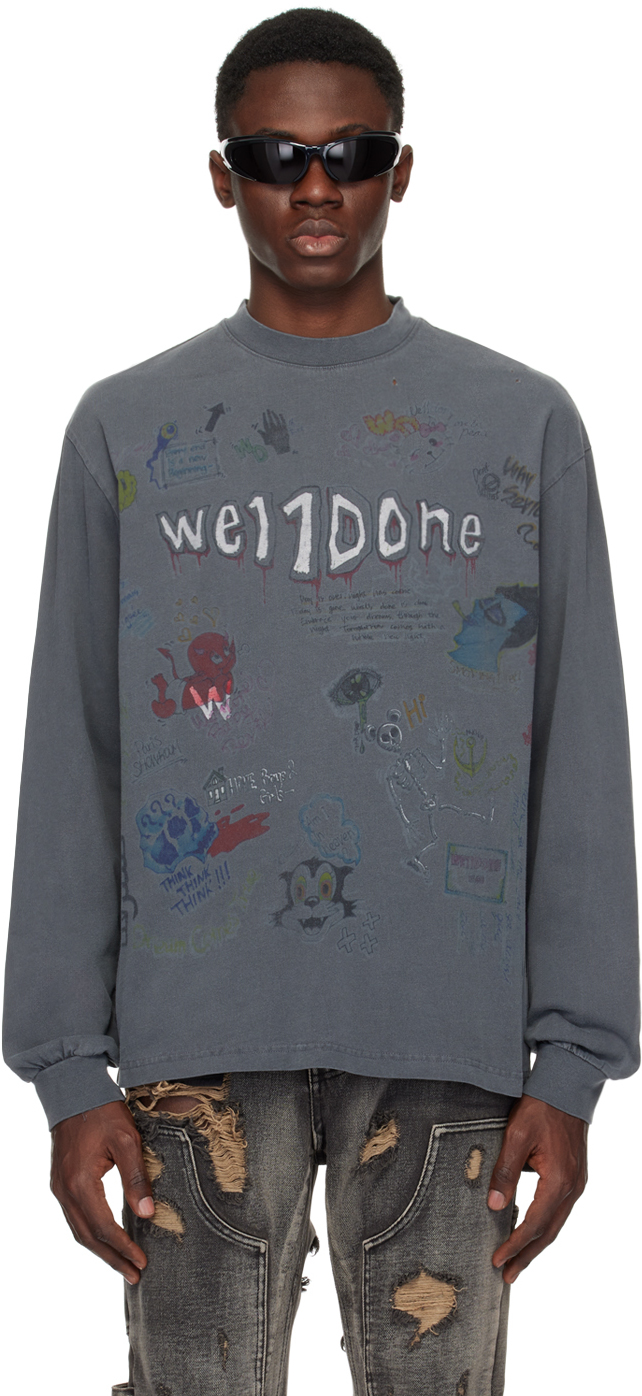 We11 Done Gray Doodle Long Sleeve T-shirt In Grey