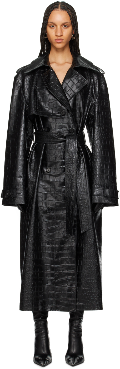 Lu'u Dan Black Croc Faux-leather Trench Coat In Mc010le