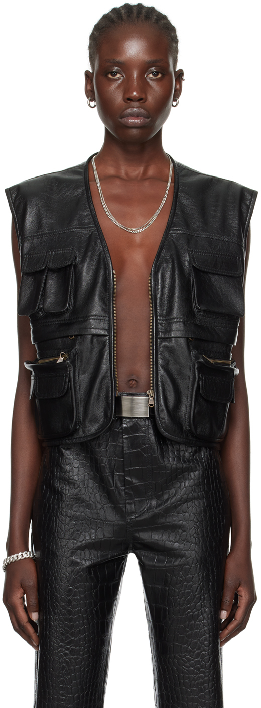 Black V-Neck Faux-Leather Vest