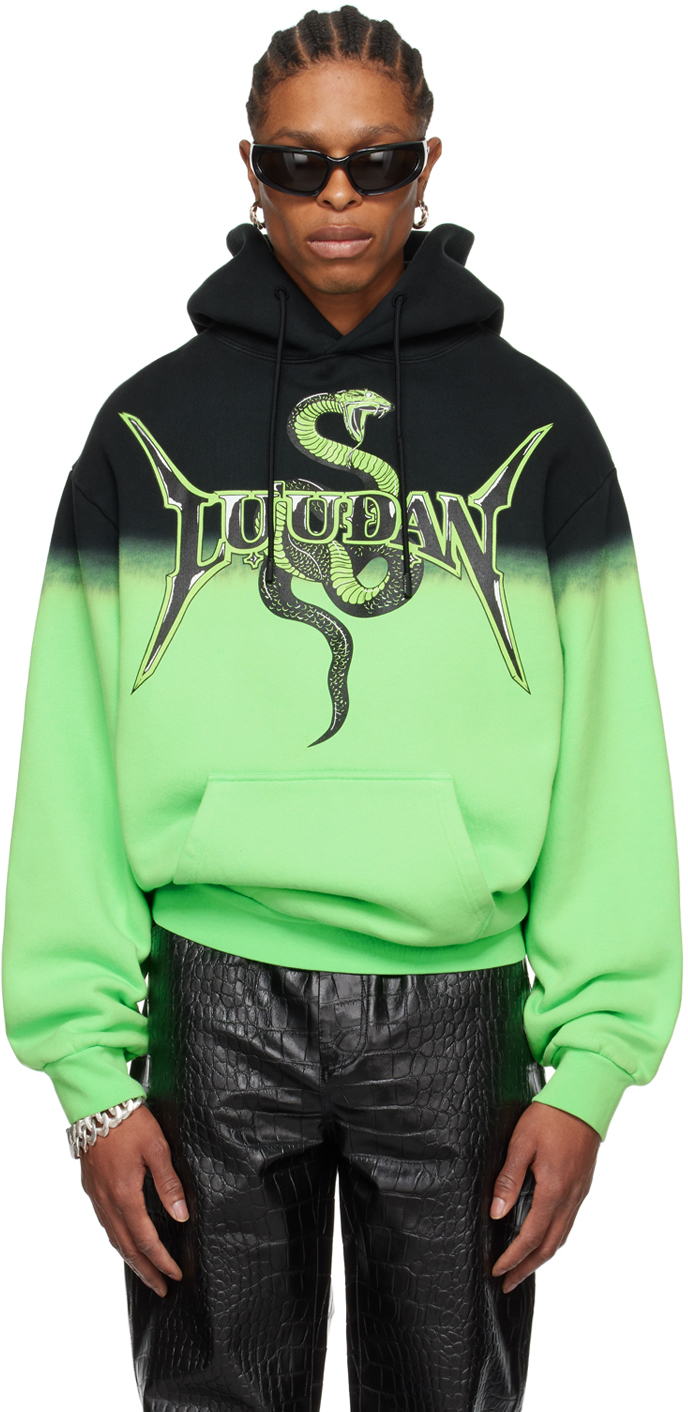 Lu'u Dan Green & Black Metal Head Hoodie In Black / Slime Green