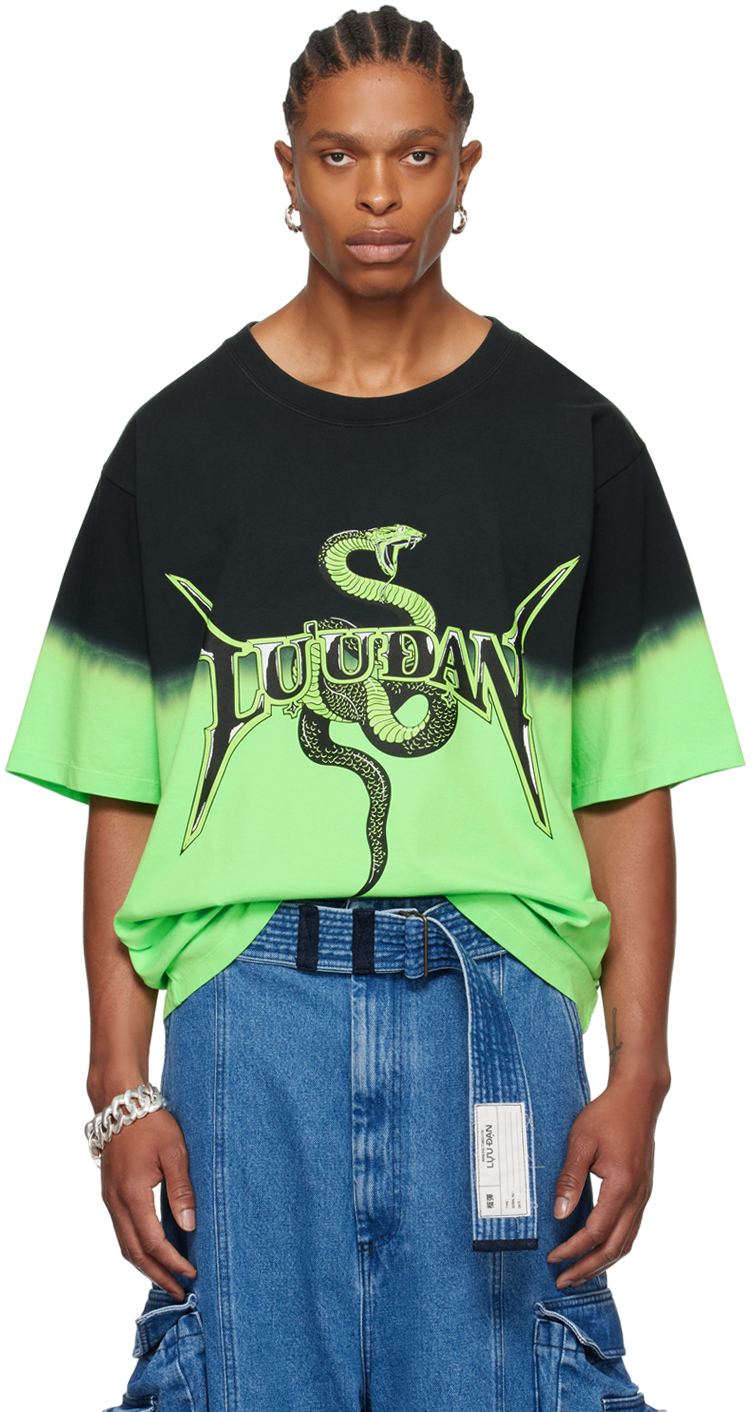Lu'u Dan Black & Green Metal Head T-shirt In Black / Slime Green