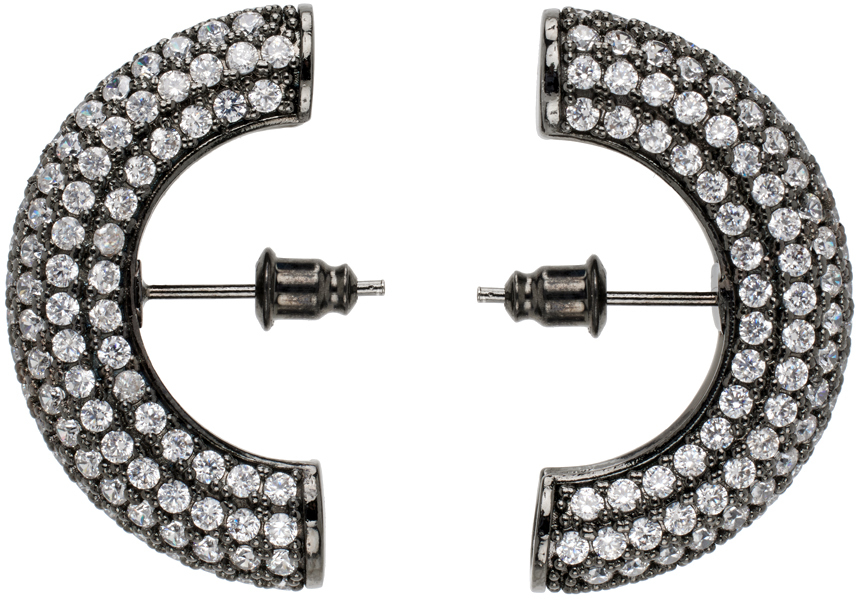 Gunmetal Half Moon Crystal Hoop Earrings