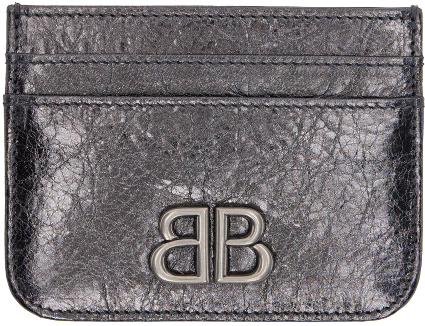 Shop Balenciaga Gunmetal Monaco Metallized Card Holder In 1314 Steel Grey