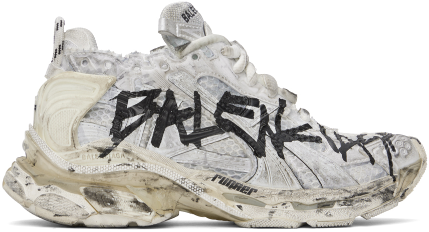 Shop Balenciaga Off-white Runner Graffiti Sneakers In 9010 White/black