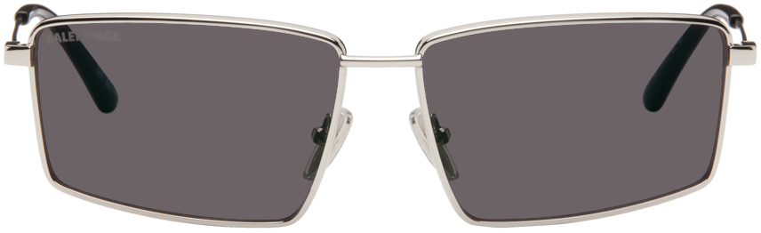 Balenciaga Silver Rectangular Sunglasses In Silver-silver-green