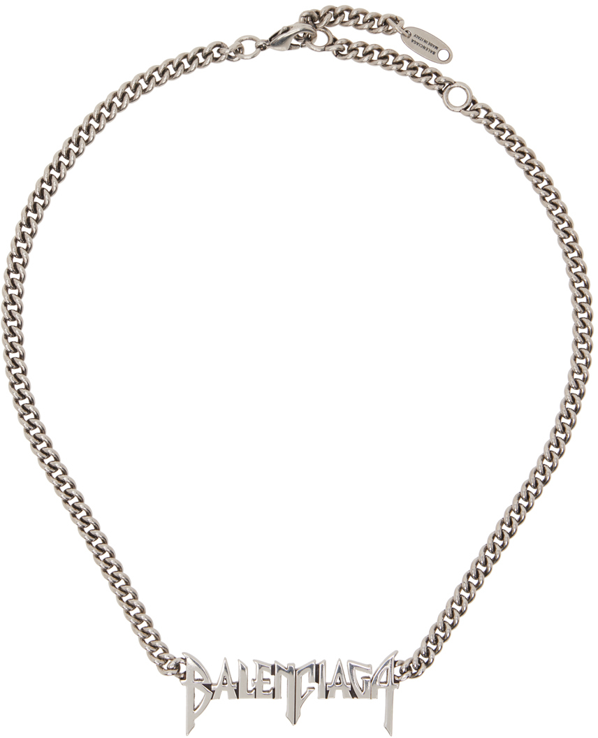 Balenciaga Gunmetal Typo Metal Necklace In White
