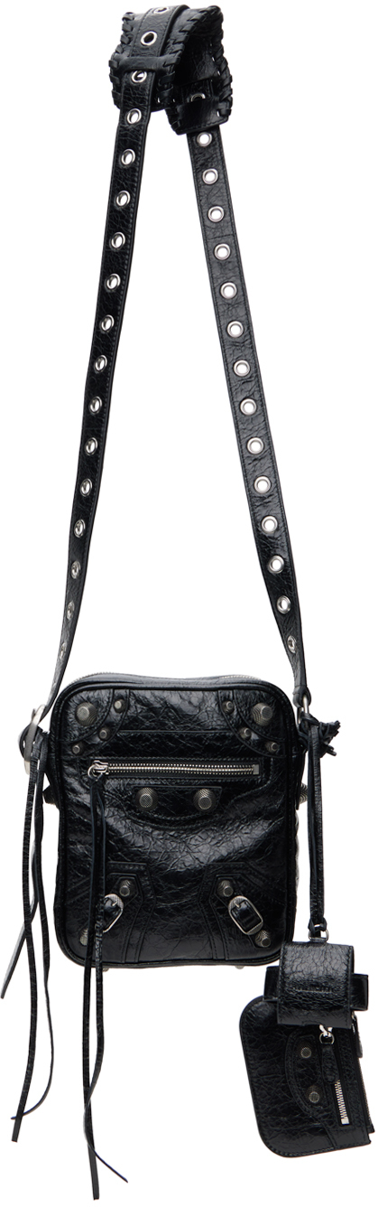 Balenciaga Le Cagole Cracked-leather Messenger Bag In Black