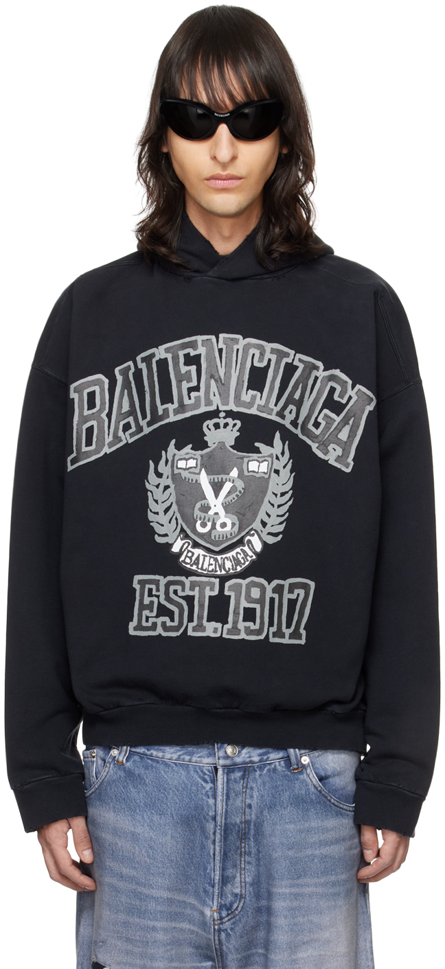 Shop Balenciaga Black Diy College Hoodie In 8190 Washed Black/bl
