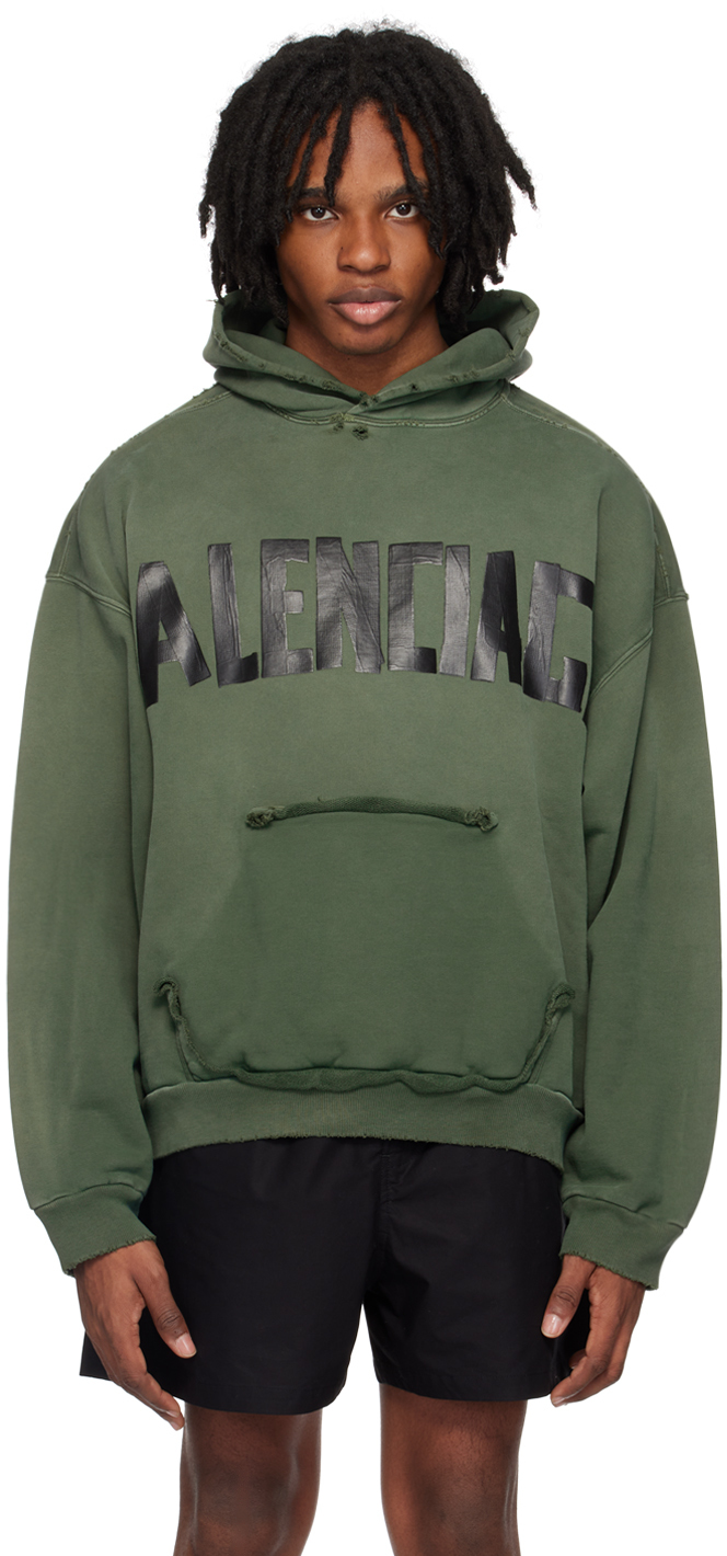 Shop Balenciaga Green Tape Type Ripped Pocket Hoodie In 3004