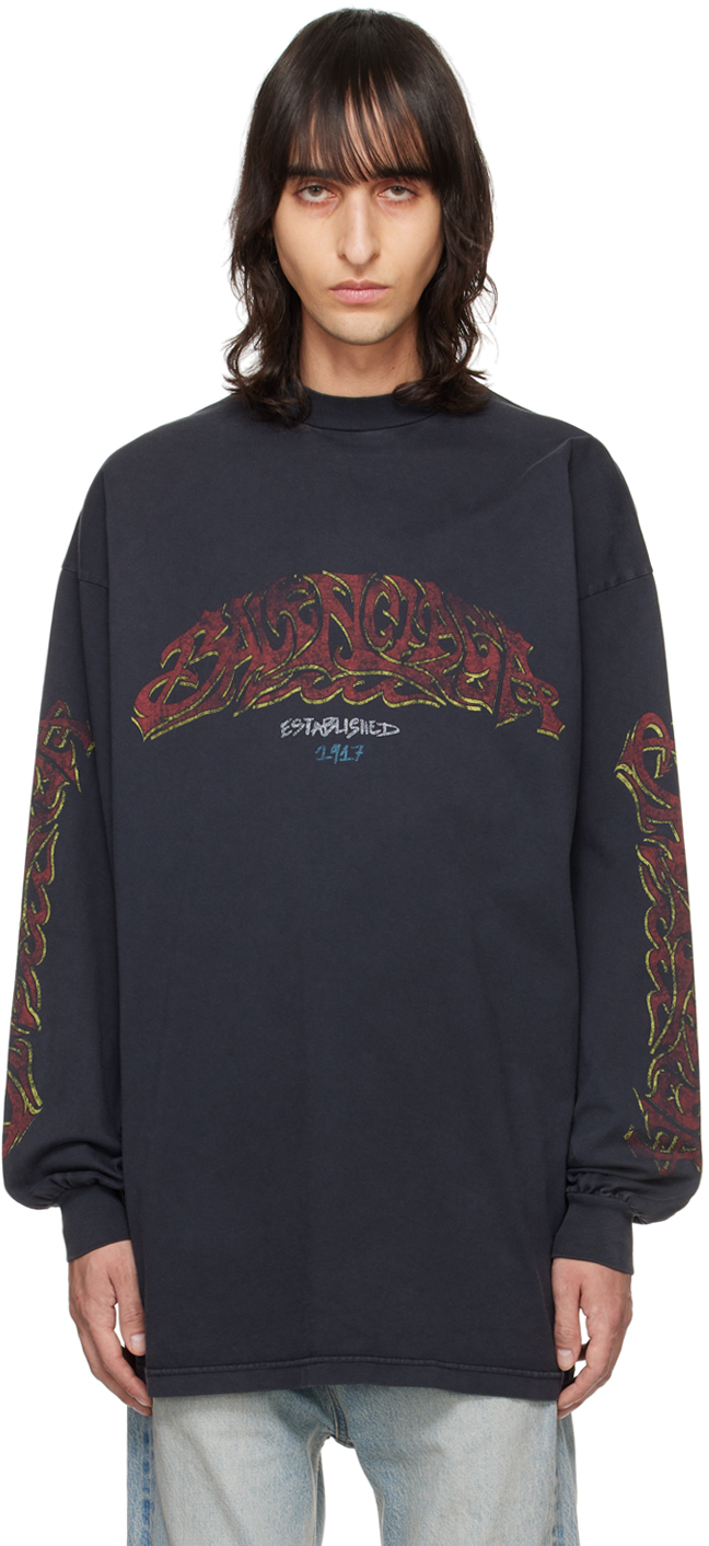 Shop Balenciaga Black Offshore Long Sleeve T-shirt In 1568 Faded Black/red