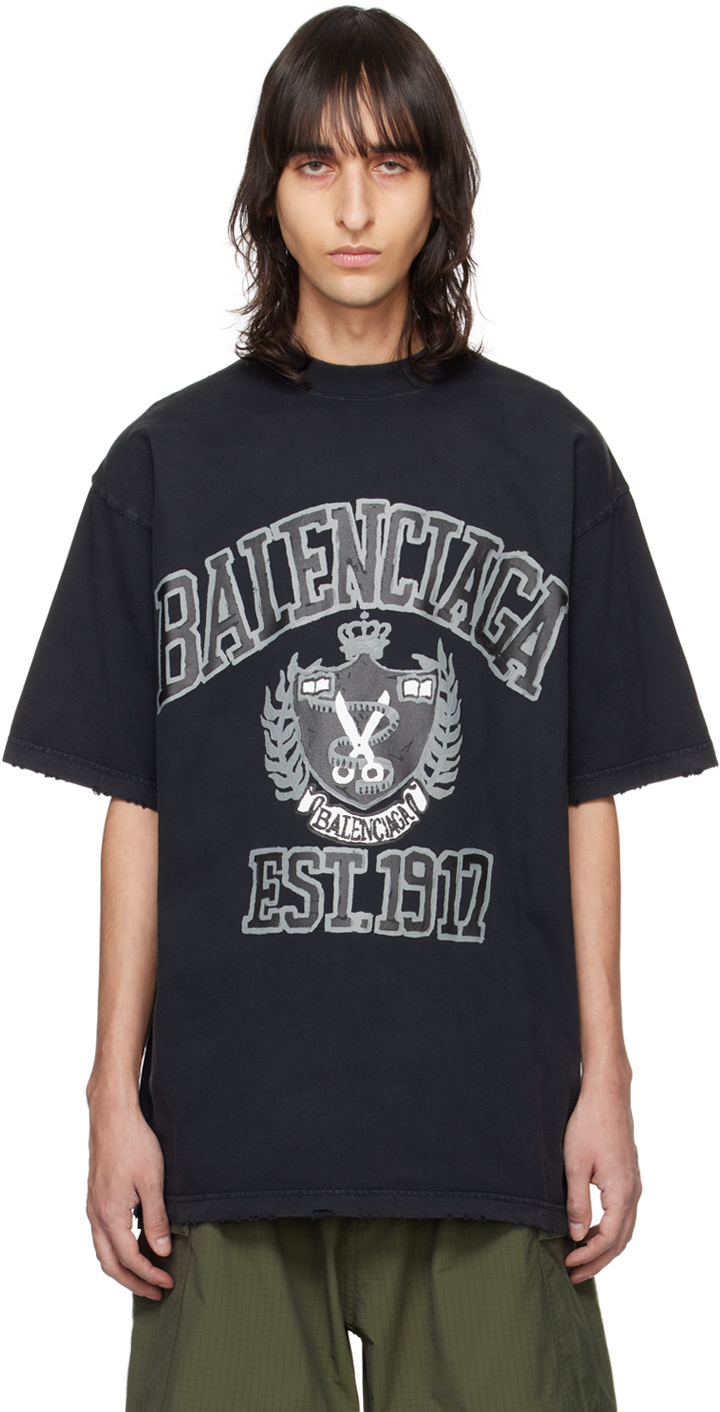 Shop Balenciaga Black Diy College T-shirt In 8190 Washed Black/bl