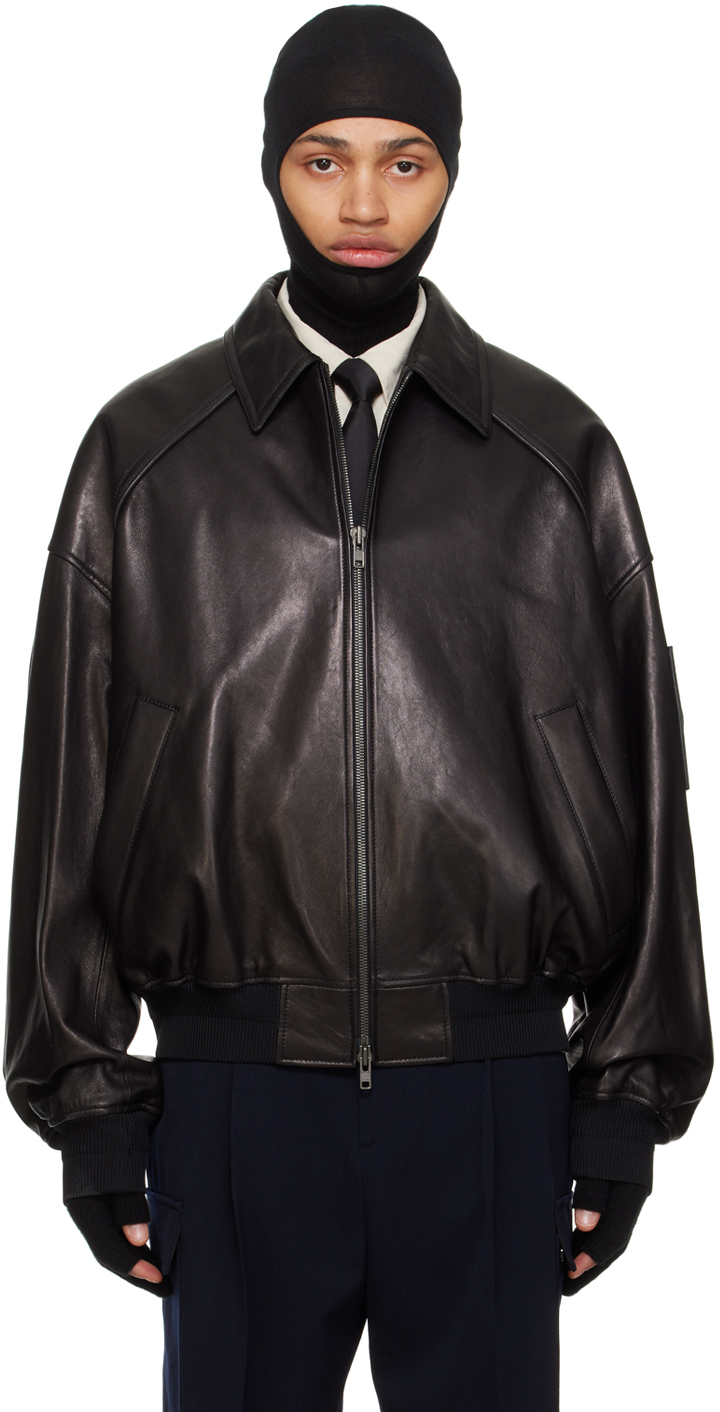 Black Spread Collar Leather Jacket
