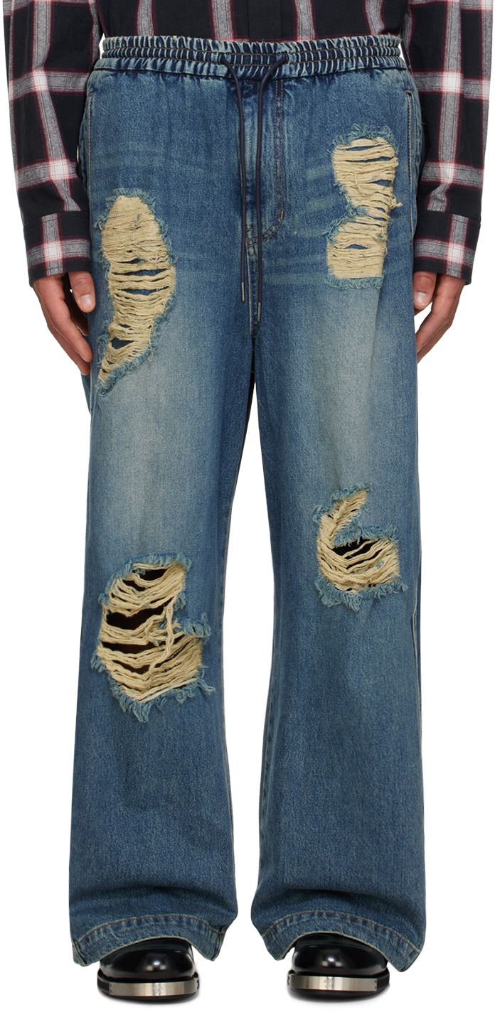 juun.j ジュンジー ブルーオイルウォッシュディストレスワイドレッグジーンズ juun.j ジュンジー ブルーオイルウォッシュディストレスワイド