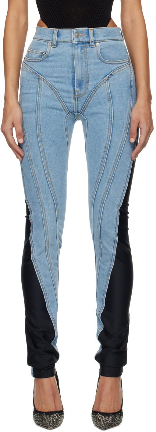 Shop Mugler Blue & Black Bi-material Spiral Jeans In B0599 Light Blue/bla