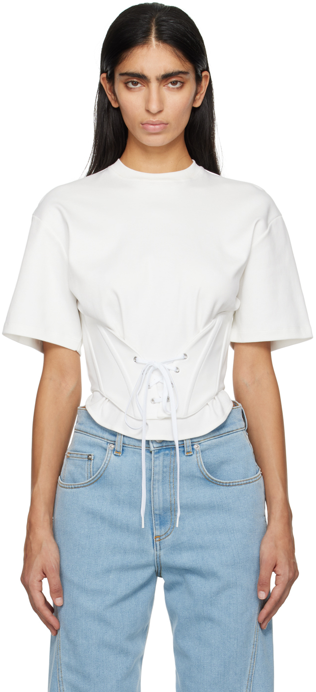 Shop Mugler White Corseted T-shirt In B1610 Warm White