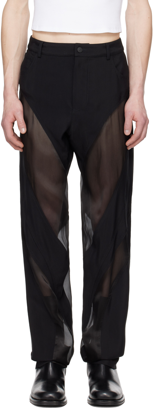 Mugler Black Semi-sheer Trousers In Black/black