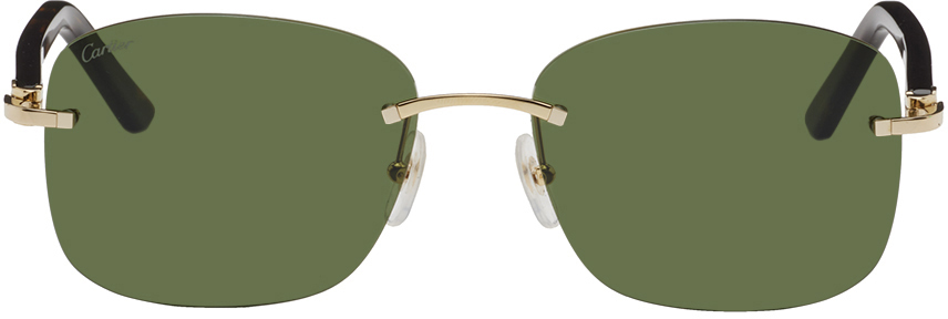 Cartier Gold & Tortoiseshell Square Sunglasses In Gold-havana-green