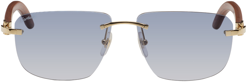 Cartier Brown & Gold Rectangular Sunglasses In Gold-brown-blue