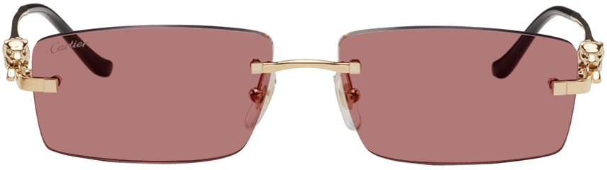 Cartier Gold Rectangular Sunglasses In Gold-gold-red
