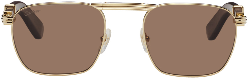 Cartier Gold & Brown Square Sunglasses In Gold-burgundy-brown