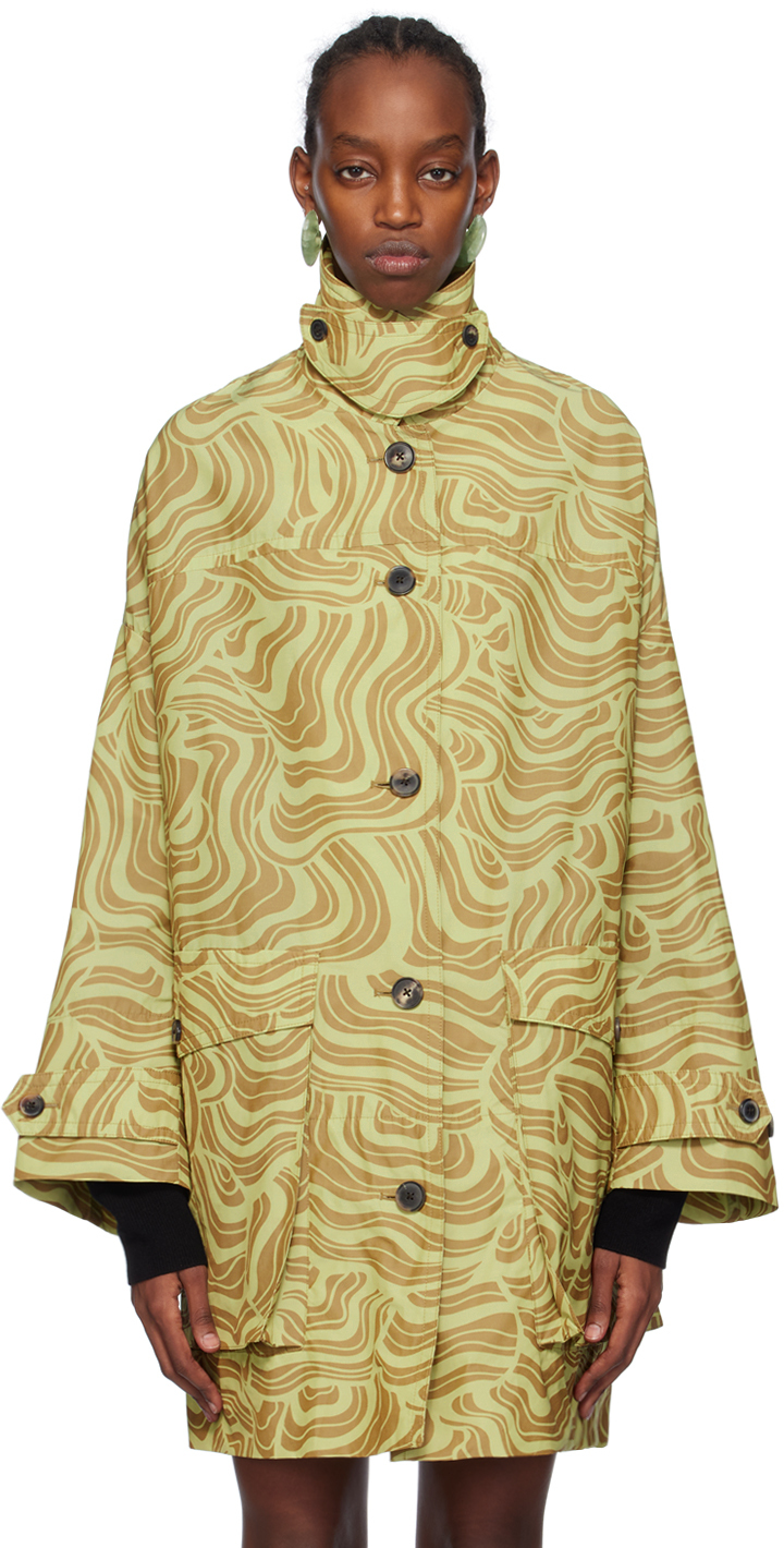 Dries Van Noten Reston Wave-print Single-breasted Oversized Coat In Pale Yellow