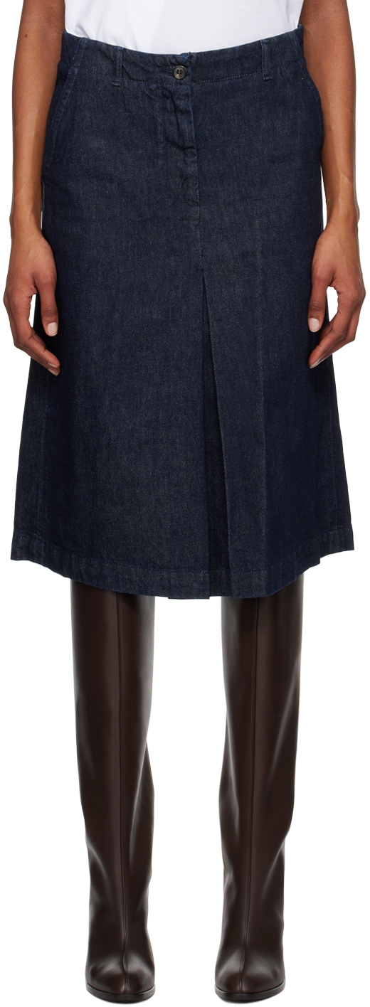 Indigo Pleated Denim Midi Skirt