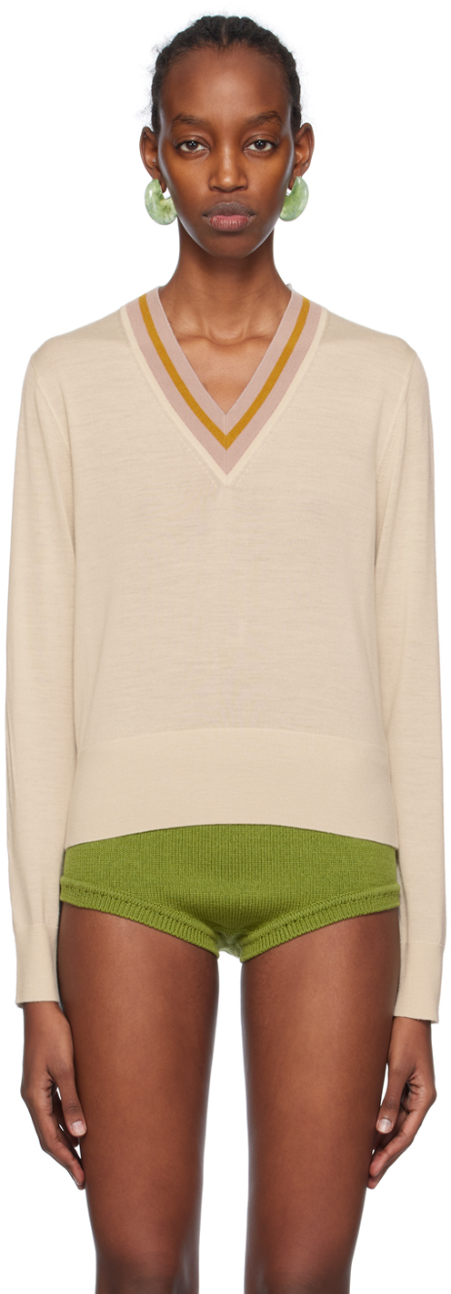 Dries Van Noten Off-white V-neck Sweater In Ecru